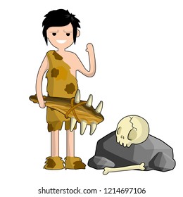 Primitive man in the skin of the beast. Hunter with a club with teeth, a stone with a human skull and bones. Primary period.

