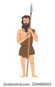 Primitive man with spear. Bearded guy in torn clothes stands and guards camp. Security, safety and protection. Graphic element for website. Character with weapon. Cartoon flat vector illustration