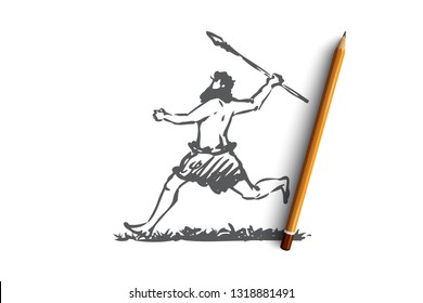 Primitive, man, spear, caveman, hunter concept. Hand drawn primitive man run with spear concept sketch. Isolated vector illustration.