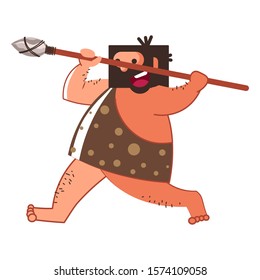 Primitive man with spear or caveman, hunter in animal skin isolated character vector. Barbarian or savage, guy with beard holding weapon. Prehistorical times or stone age, male neanderthal on hut