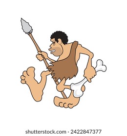 Hombre primitivo con lanza o caverna, cazador en piel animal aislado vector de carácter. Barbarie o salvaje, tipo con barba sosteniendo un arma. Tiempos prehistóricos o edad de piedra, neandertal masculino en cabaña en