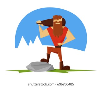 Primitive man. Stone age. Cartoon vector illustration. Flat style.