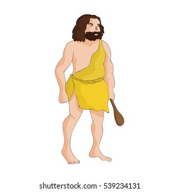 Primitive man with truncheon icon in cartoon style isolated on white background. Stone age symbol stock vector illustration.