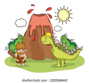 primitive man with tyrannosaurus animal and volcano