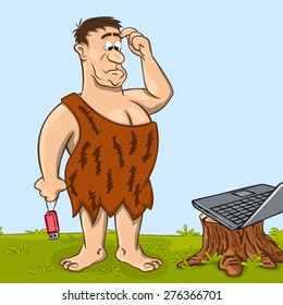Primitive man with USB flash memory device in his hand in perplexity is looking at the laptop. Fanny cartoon character