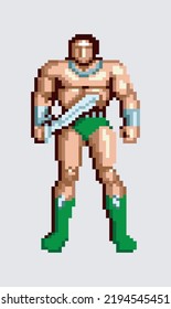 PRIMITIVE MAN WARRIOR MAN WITH AX AND SWORD. PIXEL ARCADE GAME