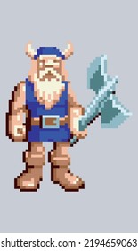 PRIMITIVE MAN WARRIOR MAN WITH AX AND SWORD. PIXEL ARCADE GAME