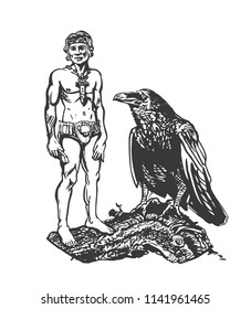 Primitive man is a warrior with a crow.