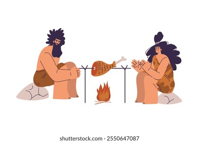 Hombre y Mujer Primitivos Personaje y Hombre de las cavernas en taparrabos Sentado y freír carne en Ilustración vectorial de fuego