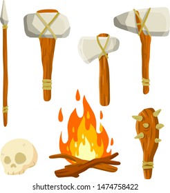 Primitive man's weapon. Stone axe on stick, hammer, club with spikes, skull, spear, fire. Cartoon flat illustration