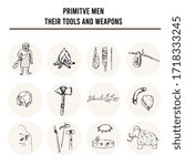 Primitive men with tools and weapons isolated hand drawn doodles Vector set