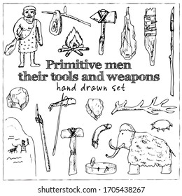 Primitive men with tools and weapons isolated hand drawn doodles Vector set