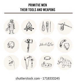 Primitive Männer mit Werkzeugen und Waffen, einzelne handgezeichnete Doodles Vektorset