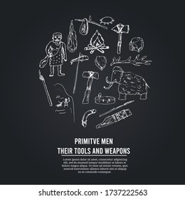 Hombres primitivos con herramientas y armas aislados doodles dibujados a mano Conjunto de vectores