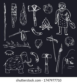 Hombres primitivos con herramientas y armas aislados doodles dibujados a mano Conjunto de vectores