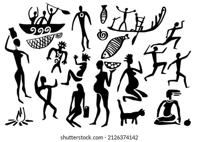 Primitive men and woman silhouette with fish, cat, pots. Rock painting style. Vector hand drawn illustration isolated on white background. Image of cave people everyday life. Art element for design.