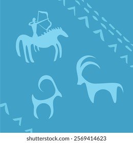 Primitive men and woman silhouette with horse, deer, bull. Rock painting style. Vector hand drawn illustration isolated on white background. Image of cave people everyday life. Art element for design.