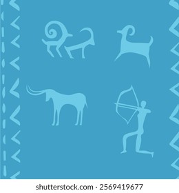 Primitive men and woman silhouette with horse, deer, bull. Rock painting style. Vector hand drawn illustration isolated on white background. Image of cave people everyday life. Art element for design.