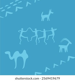 Primitive men and woman silhouette with horse, deer, bull. Rock painting style. Vector hand drawn illustration isolated on white background. Image of cave people everyday life. Art element for design.