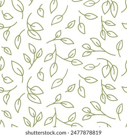 Primitive minimalist vector seamless pattern. green doodle leaves on a white background. Design for paper and fabric printing.