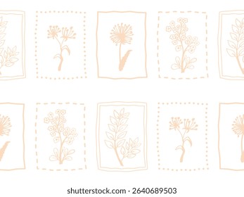 Primitive minimalist vector seamless pattern. Doodle  floral print on a white background. Design for paper, textile and fabric.