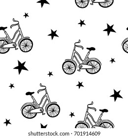 Primitive minimalistic bicycle background. Hand drawn vector seamless pattern with city bikes and stars. Black and white, monochrome