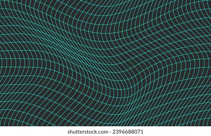 Patrón de futurismo retro monocromo primitivo. Resumen brutalista Geométrico Wavy Grid de impresión. Paisaje de perspectiva de alambre en colores neones. Superficie 3d poligonal, Ilustración vectorial.