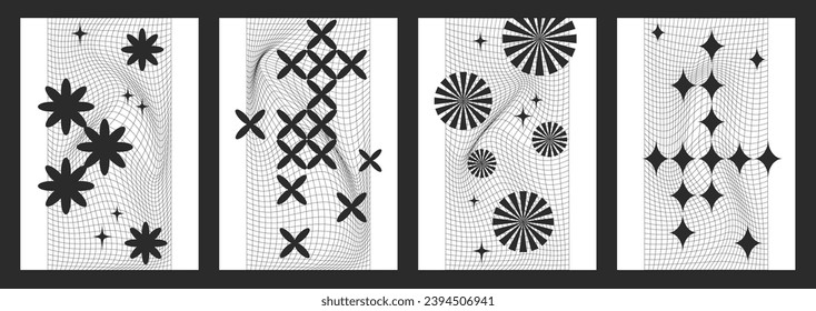 Primitive Monochrome Retrofuturism Poster set. Avant-garde minimalistic print with Geometrical Brutalism Shapes in Black and White colours. Cyberpunk elements, perspective grid, circle, stars, daisy