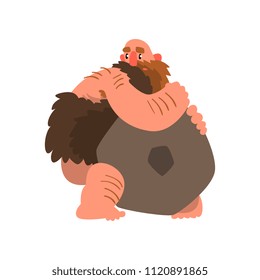 Primitive muscular caveman with stone, prehistoric man character cartoon vector Illustration on a white background