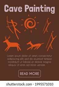 Primitive Neanderthal Caveman Painting Banner Or Poster Template, Flat Vector Illustration On Brown Background. Prehistoric Period Culture And Ancient Cave Art.