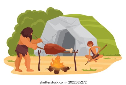 Primitive neanderthal people cooking food near cave vector illustration. Cartoon prehistoric stone age scene with caveman tribe group of characters sitting by fire to cook meat isolated on white background