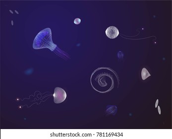 primitive organisms in dark deep water, jelly,unicellular