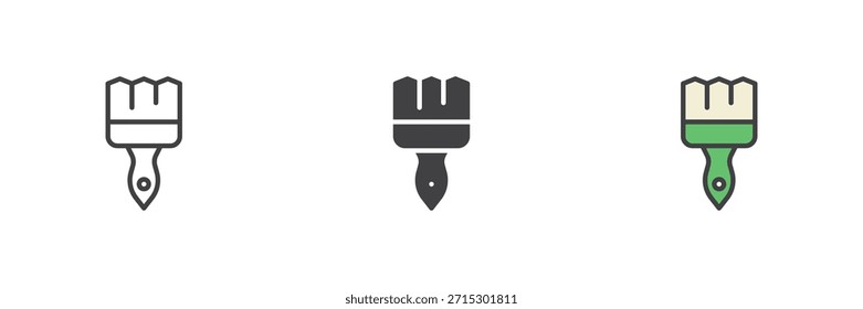 Conjunto de iconos de pincel de pintura primitiva con estilos de líneas, contornos sólidos y rellenos. Icono de símbolo y signo de Vector de herramienta de arte antiguo, ilustración en color para la creatividad prehistórica.