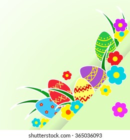 primitive painted colorful Easter eggs with flowers and grass