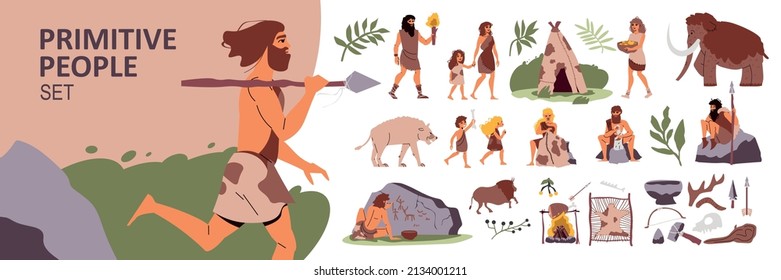 Primitive People Big Set Of Types Of Housing Weapon For Hunting Preparing Food Flat Isolated Icons Vector Illustration