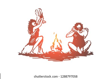 Primitive, people, bonfire, caveman, ancient concept. Hand drawn primitive people eating near bonfire concept sketch. Isolated vector illustration.