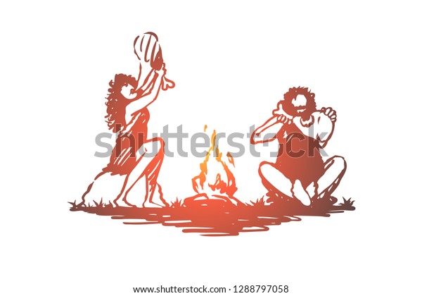 原始人 人 焚き火 洞窟民 古代のコンセプト 焚き火のコンセプトスケッチの近くで食べる手描きのプリミティブな人々 分離型ベクターイラスト のベクター画像素材 ロイヤリティフリー