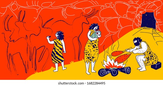 Primitive People Caveman Family Living in Cave with Bonfire. Human Characters of Tribe Members. Little Child Paint on Wall, Mother Holding Baby, Father Frying Meat on Fire. Linear Vector Illustration