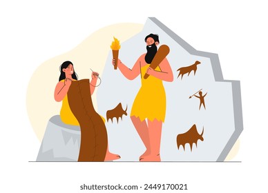 Primitive people concept. Man and woman in yellow leather clothes near stone with drawings. Tribal characters before our era. Human evolution and history. Cartoon flat vector illustration