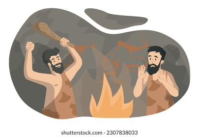 Primitive people concept. Men in cave in ancient clothes near fire. History BC, Mesozoic and Paleozoic. Cavemans, neanderthals near bonfire at background of draw. Cartoon flat vector illustration