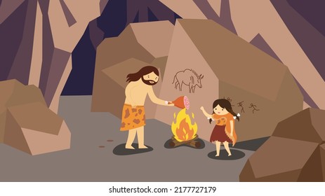 primitive people cook food on a fire