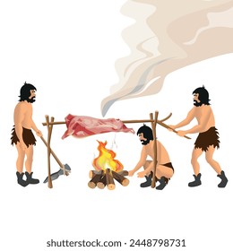 Primitive people cook food over a fire. The carcass of a wild animal on a spit. Life of a caveman. Human history. Vector illustration isolated on a white background