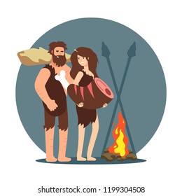 Primitive people cooking dinner on open fire isolated on white. Vector illustration