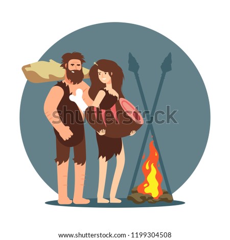 Primitive people cooking dinner on open fire isolated on white. Vector illustration