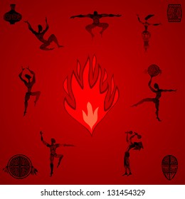 Primitive people dancing by the fire