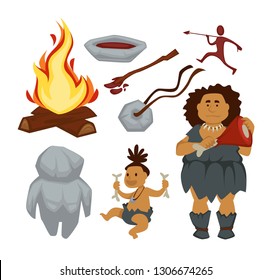 Primitive people history stone age and devices woman and baby vector bonfire and toy of rock necklace and paint in bowl stick and man with spear drawing mother with meat and child with bones.