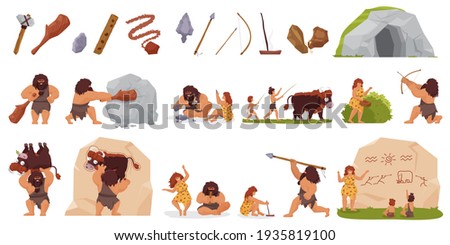 Primitive people hunt vector illustration set. Cartoon primeval wild caveman character hunting with stick club bow spear, woman cooking food, prehistoric stone age life scenes isolated on white Foto stock © 