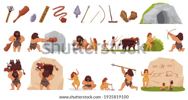 Primitive people hunt vector illustration set.\
Cartoon primeval wild caveman character hunting with stick club bow\
spear, woman cooking food, prehistoric stone age life scenes\
isolated on white