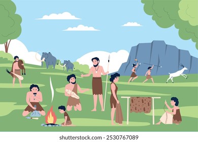 La vida de las personas primitivas. Escena de estilo de vida diario prehistórico con la caza y la cocina en el fuego hecha de ropa de cuero. Hombre de las cavernas, período de la edad de piedra Ilustración vectorial reciente