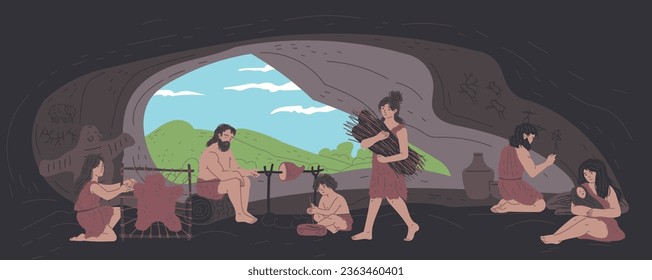 Primitive people mode of life in a cave. Tribal family campfire cooking, motherhood, animal skin, survival in wild. Vector hand drawn Stone age illustration. Ancient tribal traditions and culture